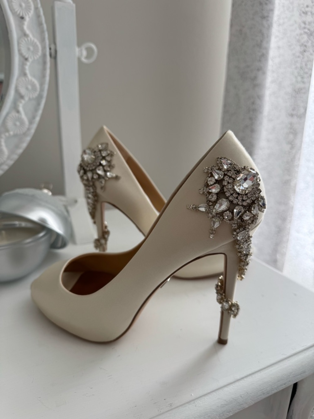 Elegant Ivory Satin High Heels with Crystal Embellishment
